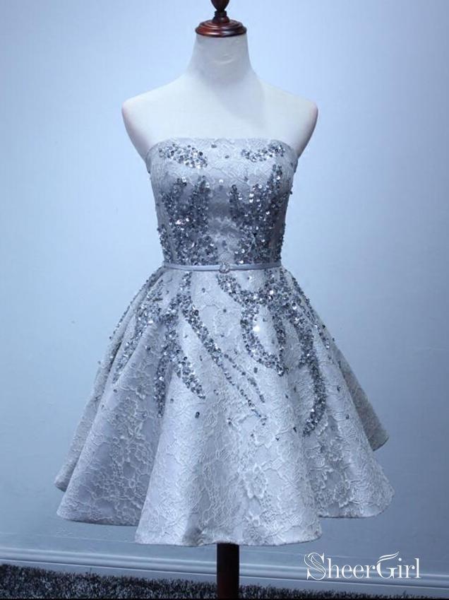 Silver Strapless Mini Lace Homecoming ...